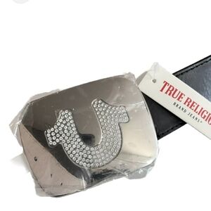 True Religion Silver Belt Buckle with Rhinestone Logo - M/L